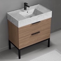 Modern Bathroom Vanity, Walnut, 32 inch, Marble Style Sink, Free Standing